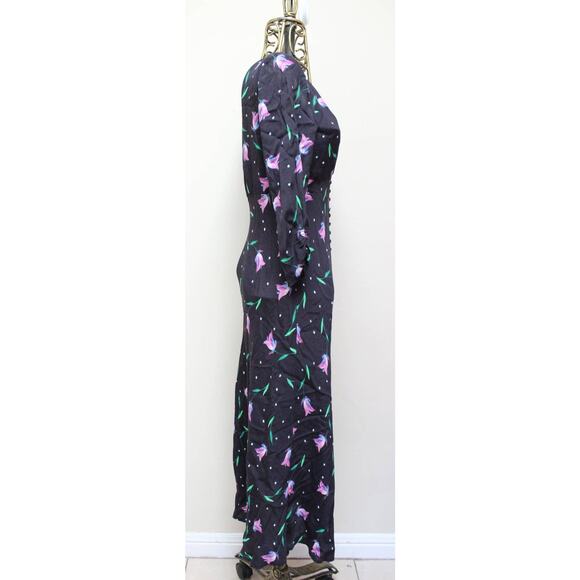 Rixo Katie Black Floral Tulip Long Sleeve Midi Button Down Dress Size Medium - Picture 5 of 7